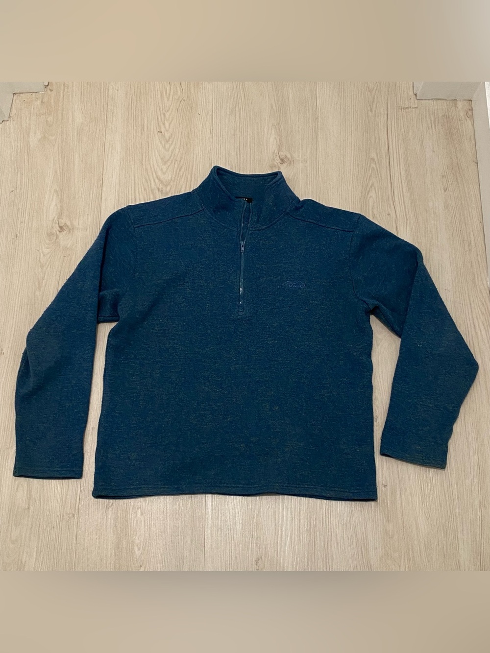 KAVU Men M Blue Knit Pullover Sweatshirt Mock Neck 1/4 Zip Logo Polyester Wool